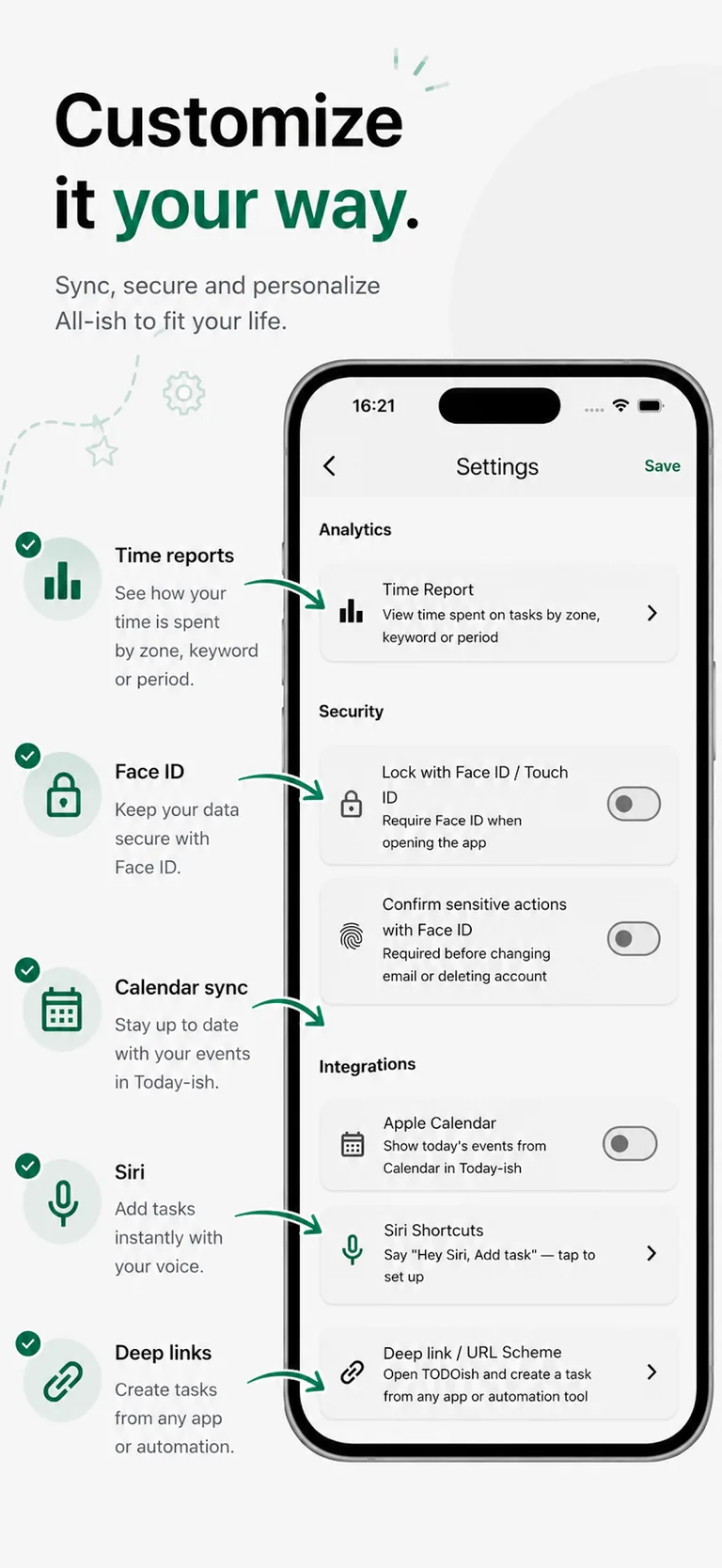 Settings: time reports, Face ID lock, calendar sync, Siri shortcuts and deep links