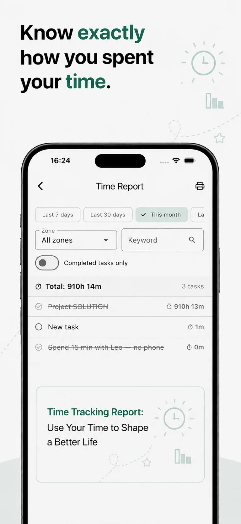 Time Report: how your time was spent, filtered by zone, keyword or period