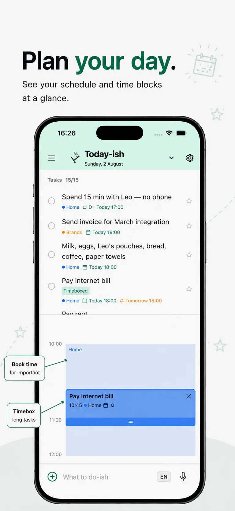 Plan your day: schedule and time blocks side by side in Today-ish